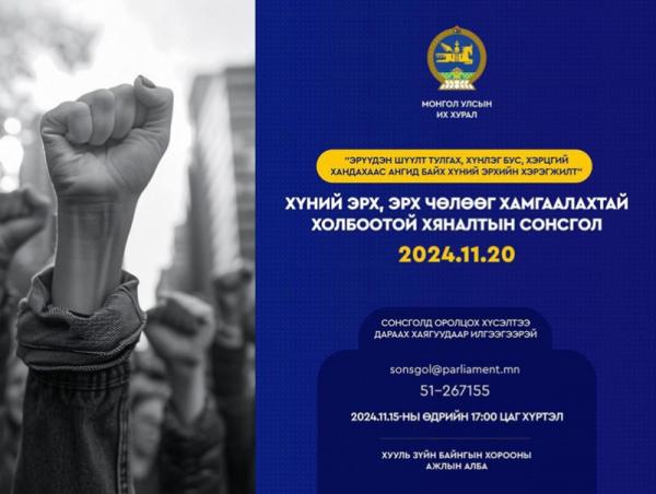 “Эрүүдэн шүүлт тулгах, хүнлэг бус, хэрцгий хандахаас ангид байх хүний эрхийн хэрэгжилт” сэдвээр хяналтын сонсгол болно